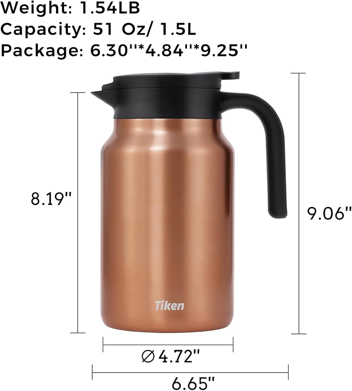 Tiken 51 Oz Thermal Coffee Carafe Double Wall Stainless Steel Insulated Coffee Server, 1.5Liter Beverage Pitcher (Copper)