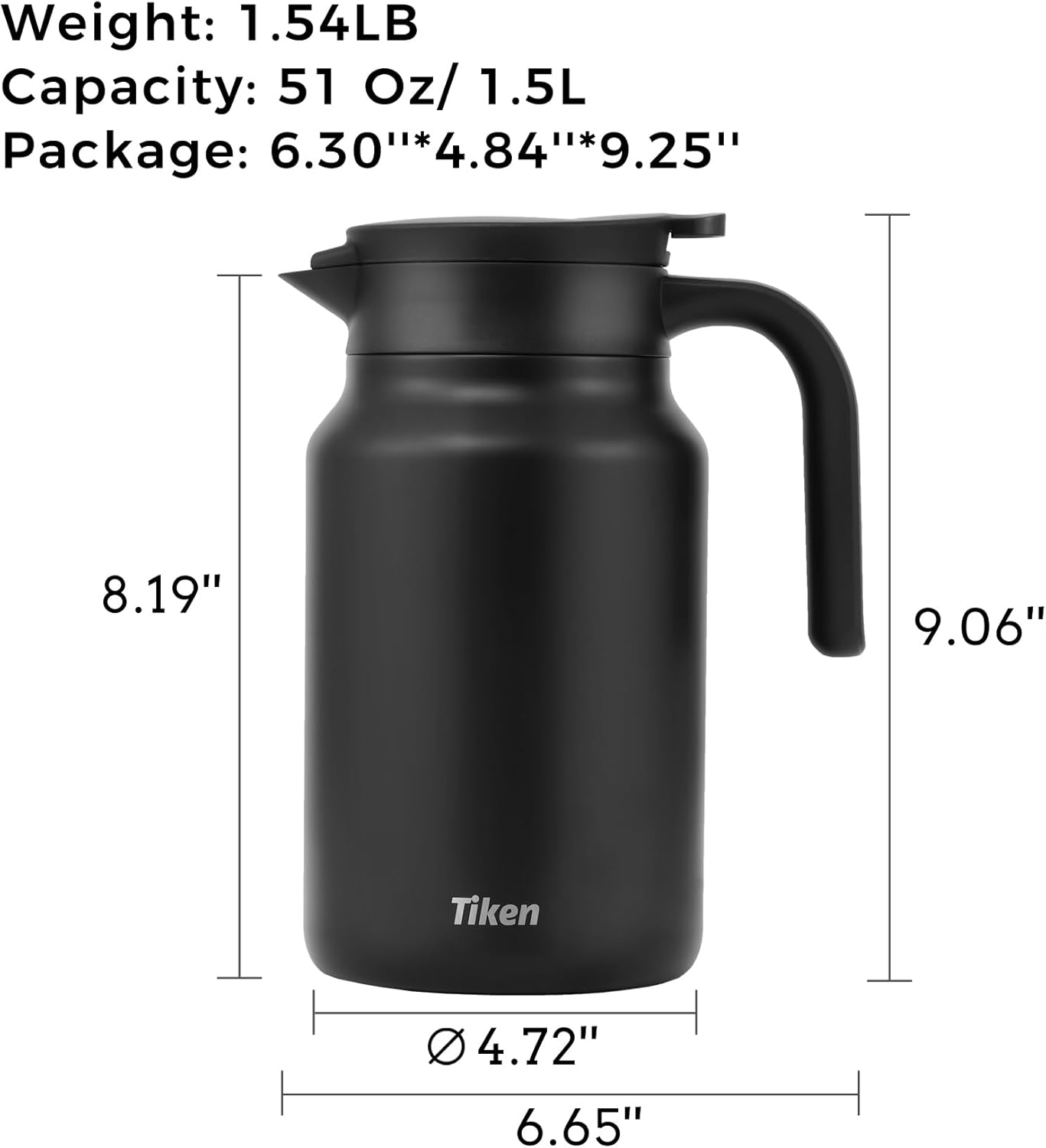 Tiken 51 Oz Thermal Coffee Carafe Double Wall Stainless Steel Insulated Coffee Server, 1.5Liter Beverage Pitcher (Matte Black)