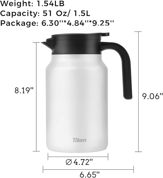 Tiken 51 Oz Thermal Coffee Carafe Double Wall Stainless Steel Insulated Coffee Server, 1.5Liter Beverage Pitcher (White)