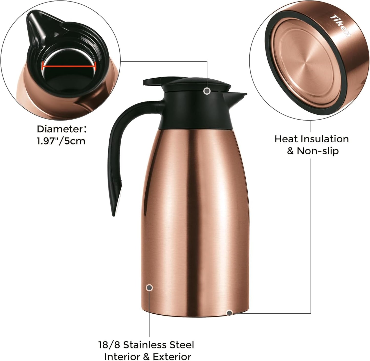 Tiken 68 Oz Thermal Coffee Carafe Stainless Steel Insulated Vacuum Coffee Pot 2 Liter (Copper)