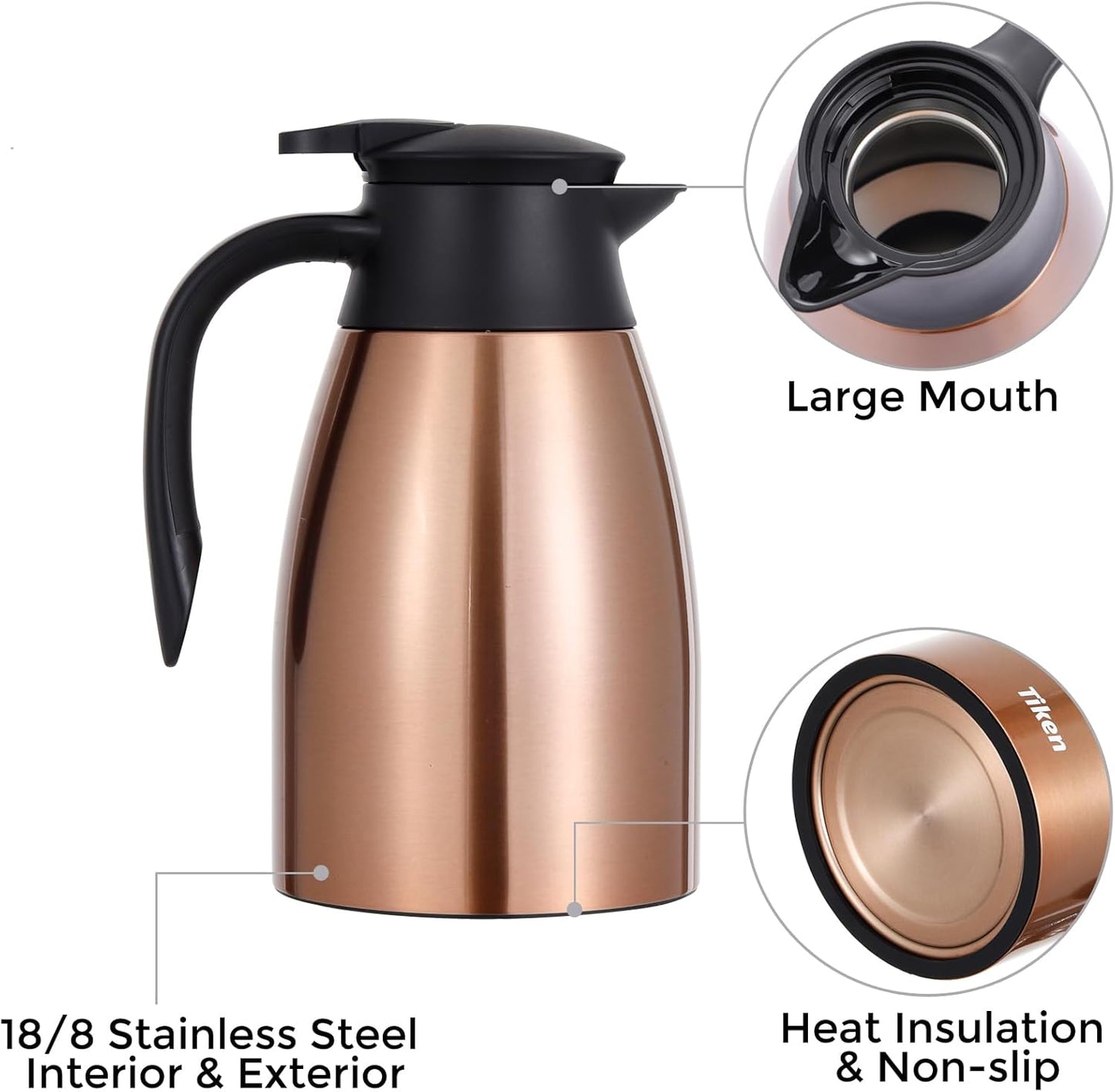 Tiken 51 Oz Thermal Coffee Carafe Stainless Steel Insulated Vacuum Coffee Pot 1.5 Liter (Copper)