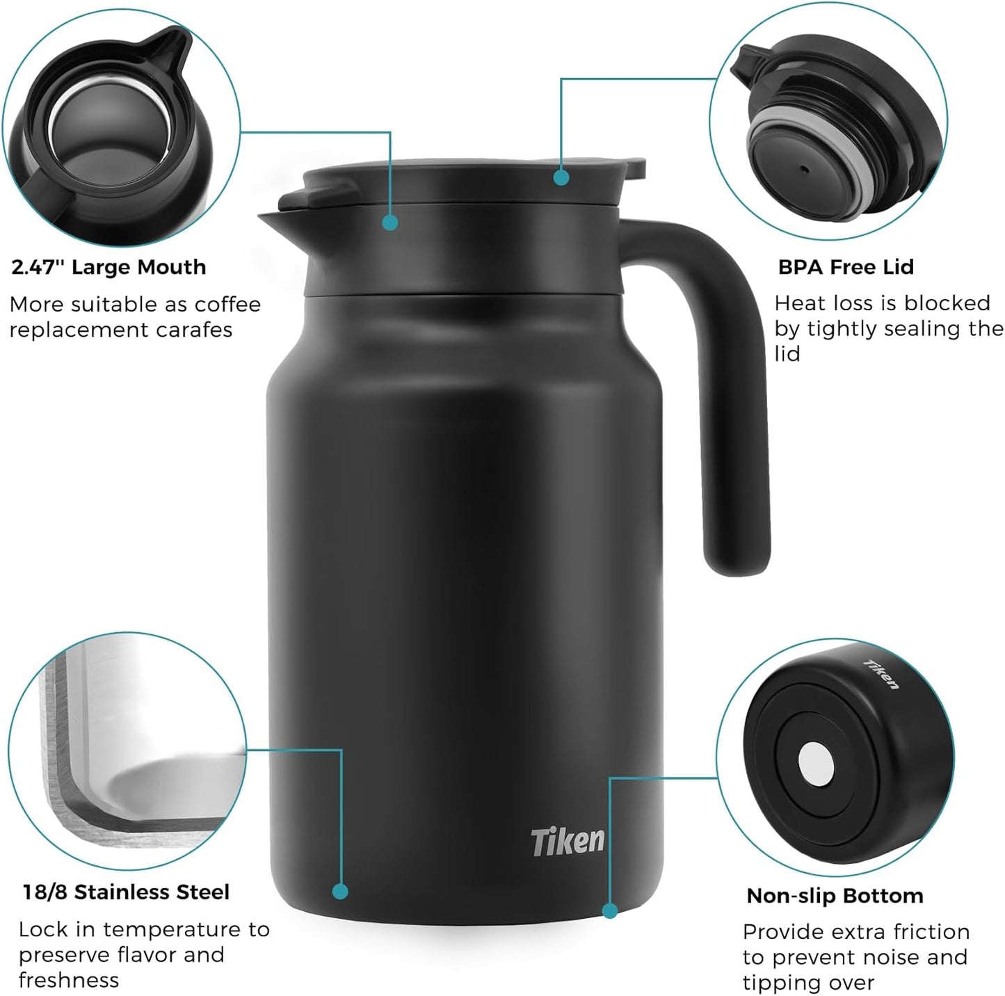 Tiken 51 Oz Thermal Coffee Carafe Double Wall Stainless Steel Insulated Coffee Server, 1.5Liter Beverage Pitcher (Matte Black)