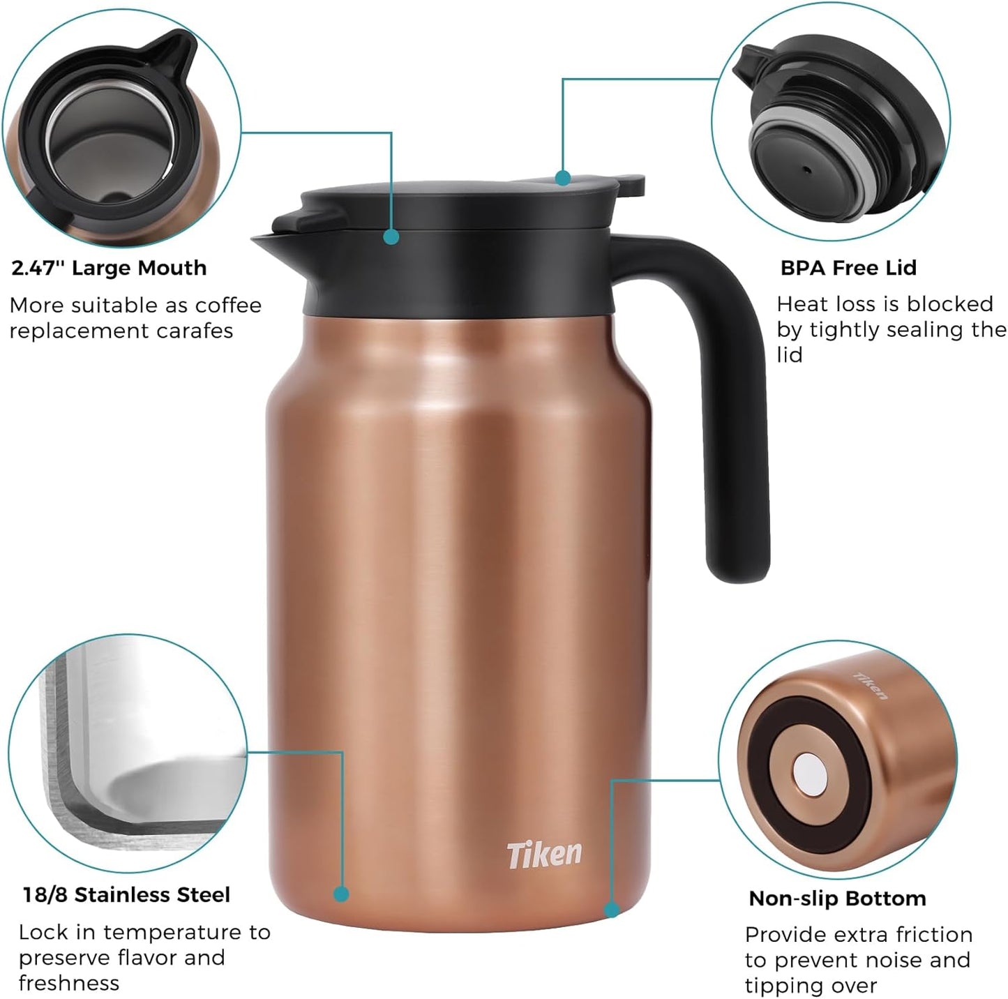 Tiken 51 Oz Thermal Coffee Carafe Double Wall Stainless Steel Insulated Coffee Server, 1.5Liter Beverage Pitcher (Copper)