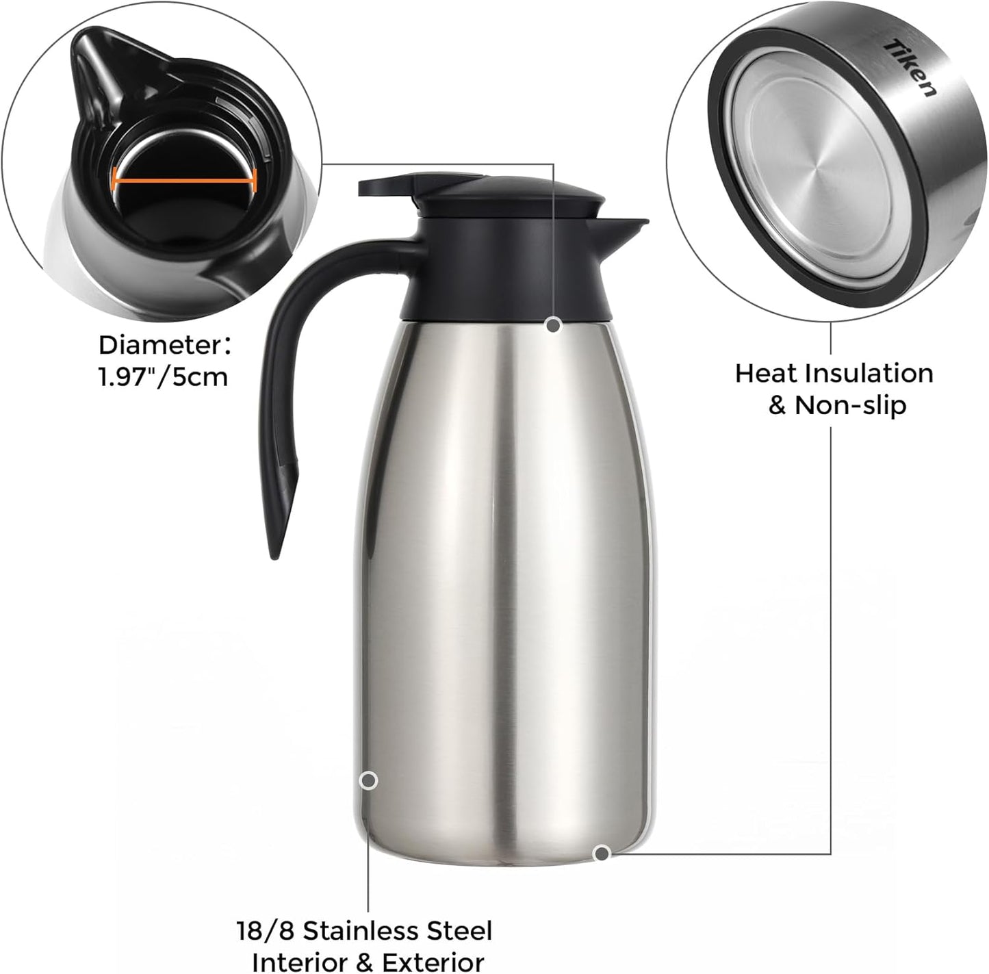 Tiken 85 Oz Thermal Coffee Carafe Stainless Steel Insulated Vacuum Coffee Pot 2.5 Liter (Sliver)