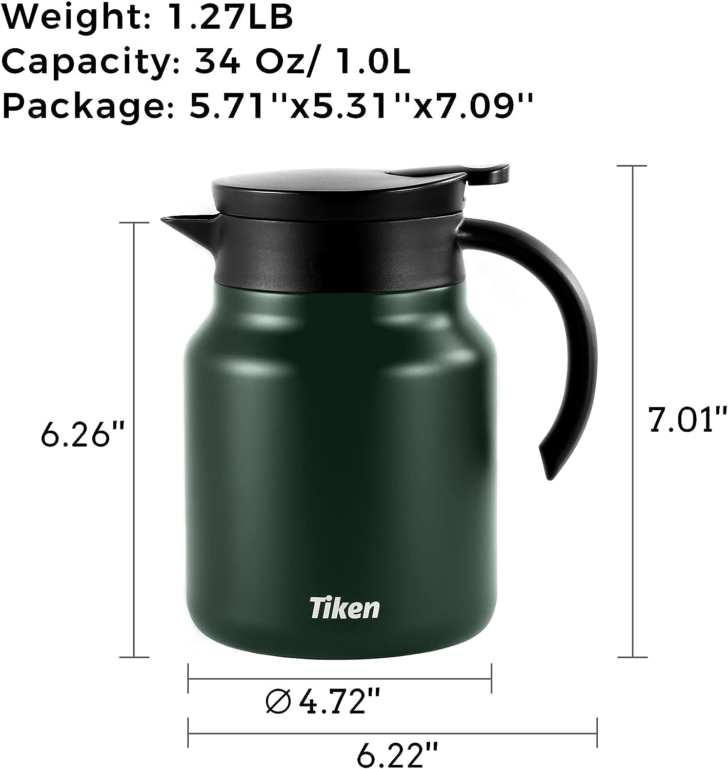 Tiken 34 Oz Thermal Coffee Carafe Double Wall Stainless Steel Insulated  Coffee Server, 1 Liter Beverage Pitcher (Green)