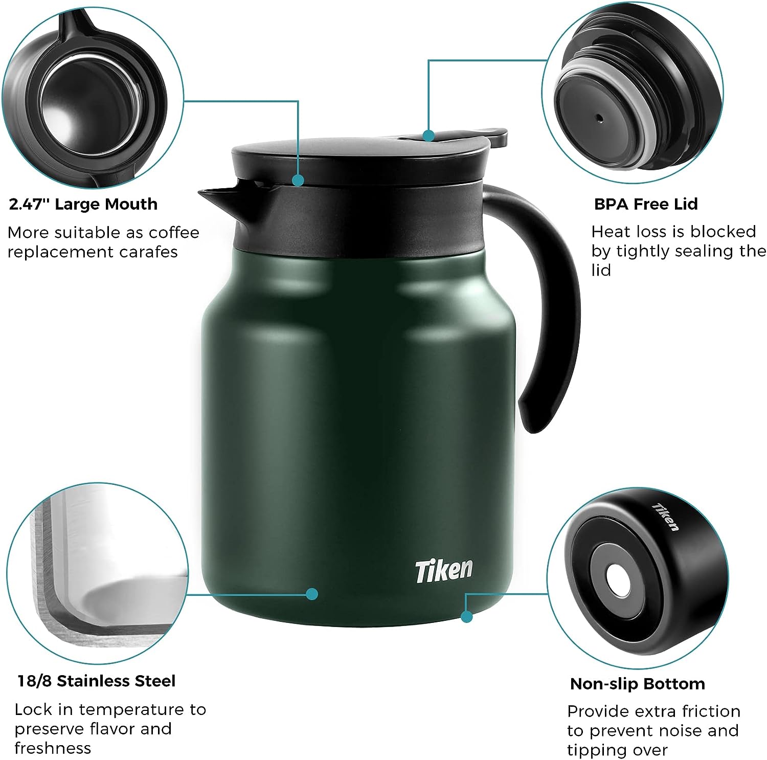 Tiken 34 Oz Thermal Coffee Carafe Double Wall Stainless Steel Insulated  Coffee Server, 1 Liter Beverage Pitcher (Green)