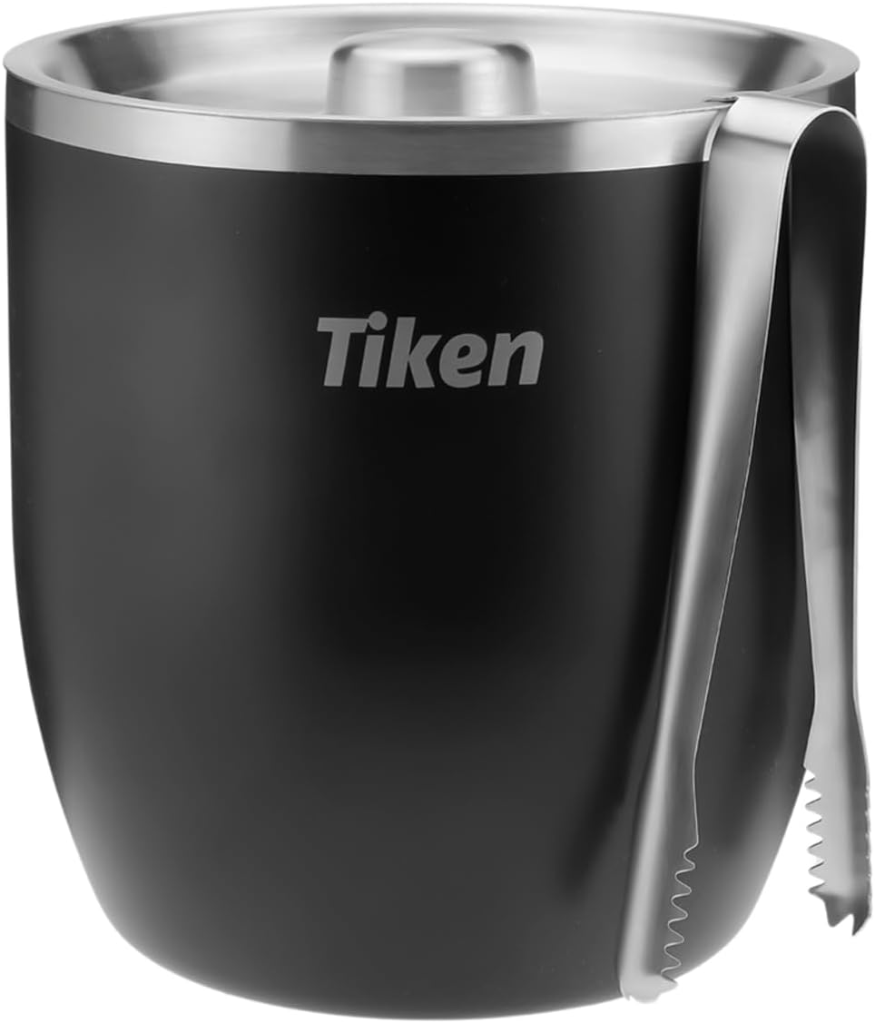 Tiken 3L Insulated Ice Bucket with Lid & Tong Stainless Steel Champagne Buckets for Cocktail Bar, Parties & Outdoor (Black)