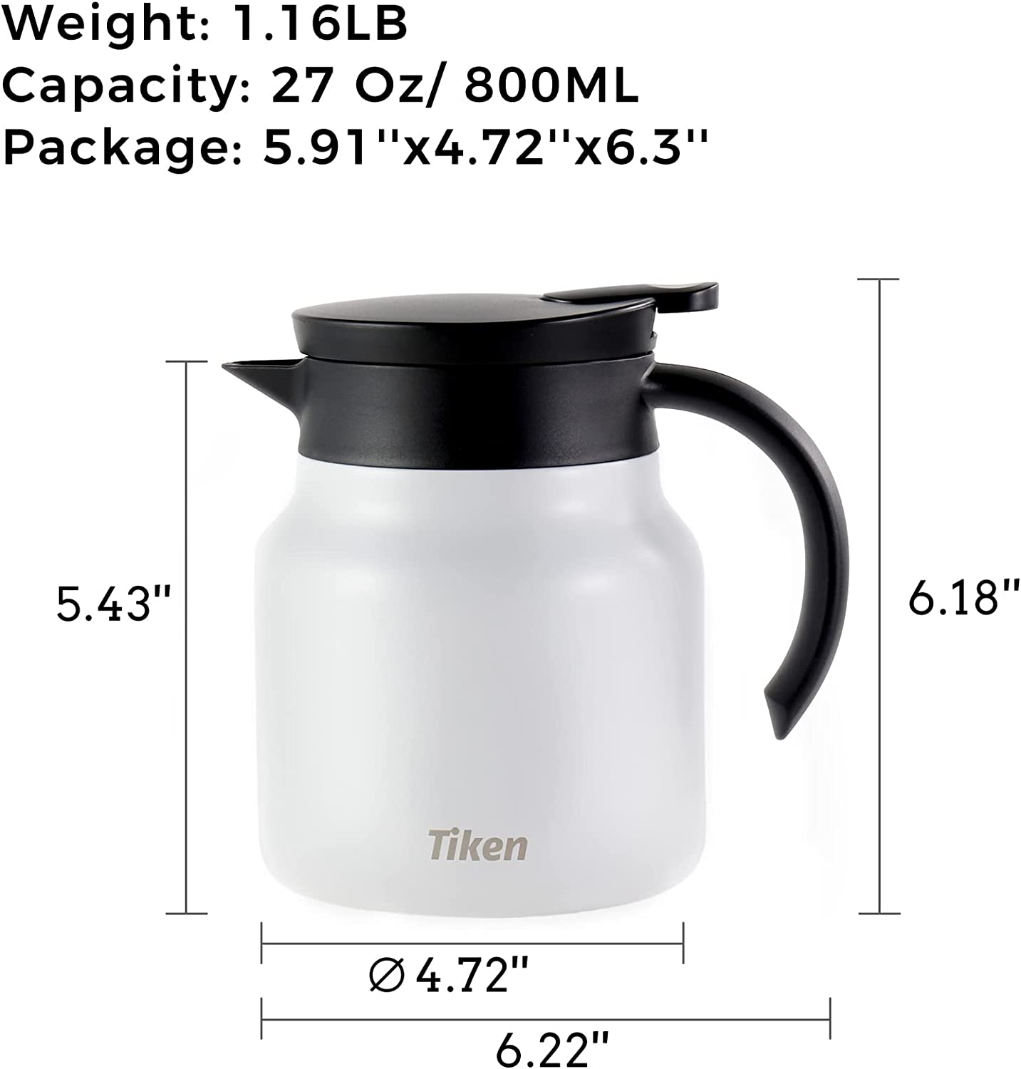 Tiken 27 Oz Thermal Coffee Server Stainless Steel Insulated Vacuum Coffee Carafes, 800ML Beverage Pitcher (White)