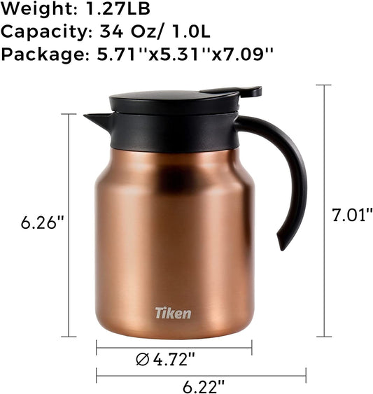 Tiken 34 Oz Thermal Coffee Carafe Double Wall Stainless Steel Insulated Coffee Server, 1 Liter Beverage Pitcher (Copper)