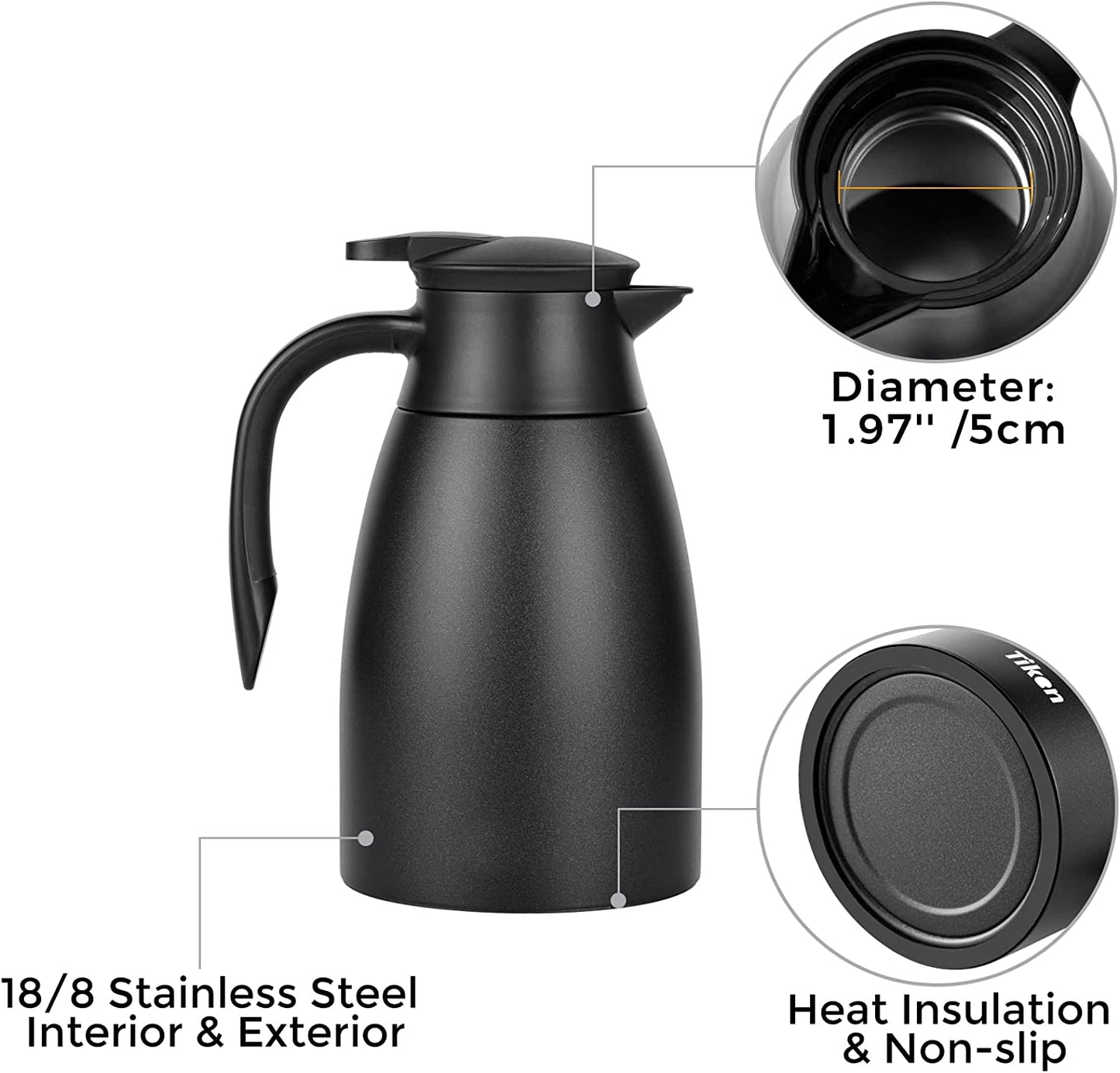 Tiken 51 Oz Thermal Coffee Carafe Stainless Steel Insulated Vacuum Coffee Pot 1.5 Liter (Black)